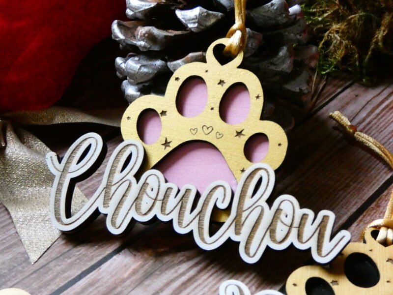 P1030188 Boule de Noël en bois pour chat, en forme de patte, modèle CHAT