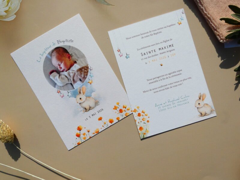 P1030718 Faire-part de baptême mixte, fille ou garçon, thème petit lapin, poétique et rêveur