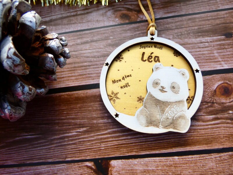 P1030899 Boules de Noël en bois personnalisée, pour bébés et enfants, décorées de petits animaux : renard, panda, ourson, lapin