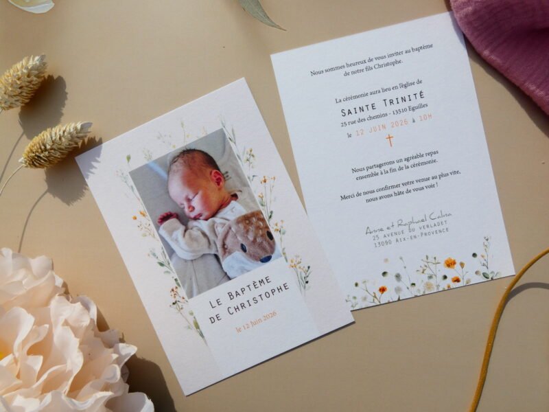 P1030486 Faire-part de baptême mixte pour fille ou garçon. Thème floral