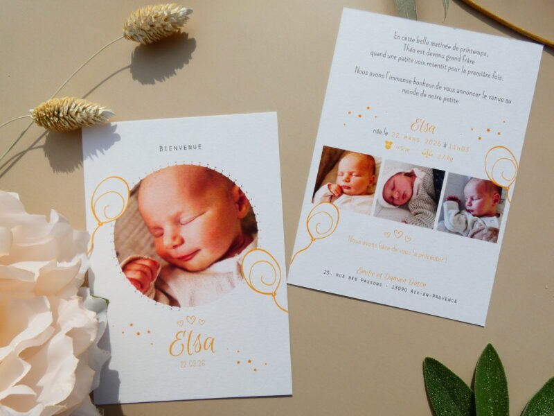 Faire-part de naissance mixte pour fille ou garçon. Thème festif, ballons d'anniversaire, léger et élégant