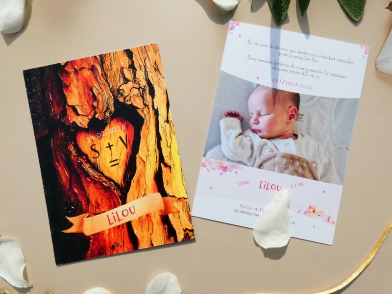 P1030534 Faire-part de naissance mixte pour fille ou garçon. Thème romantique : amour, union, arbre des amoureux avec initiales gravées