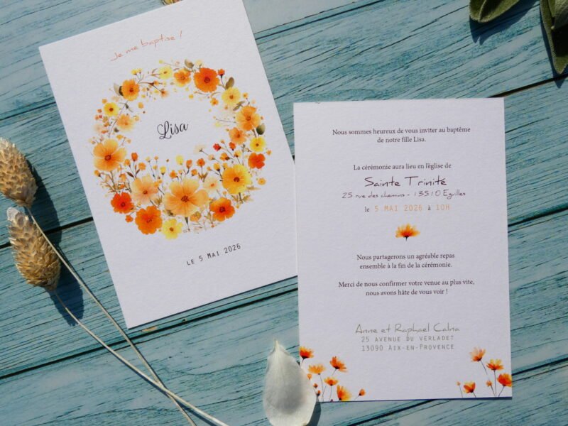 P1030655 Faire-part de baptême mixte pour fille ou garçon. Thème champêtre, floral et lumineux