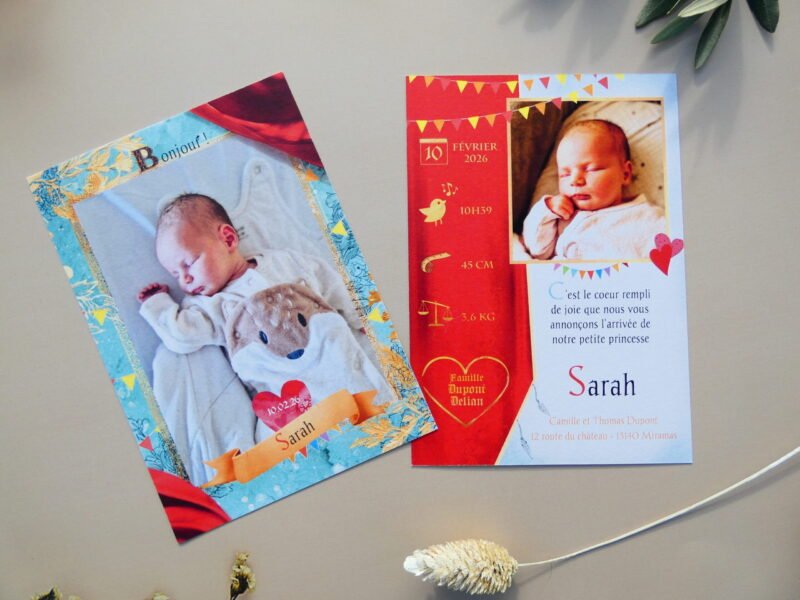 P1030762 Faire-part de naissance mixte pour fille ou garçon. Thème médiéval, petite princesse ou petit prince