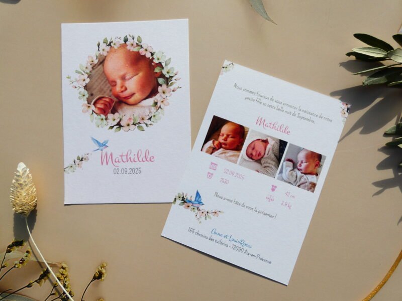 P1030822 Faire-part de naissance pour fille. Thème petite princesse, floral et bohème