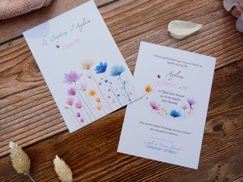 P1040285 Faire-part de baptême mixte pour fille ou garçon. Thème floral coloré