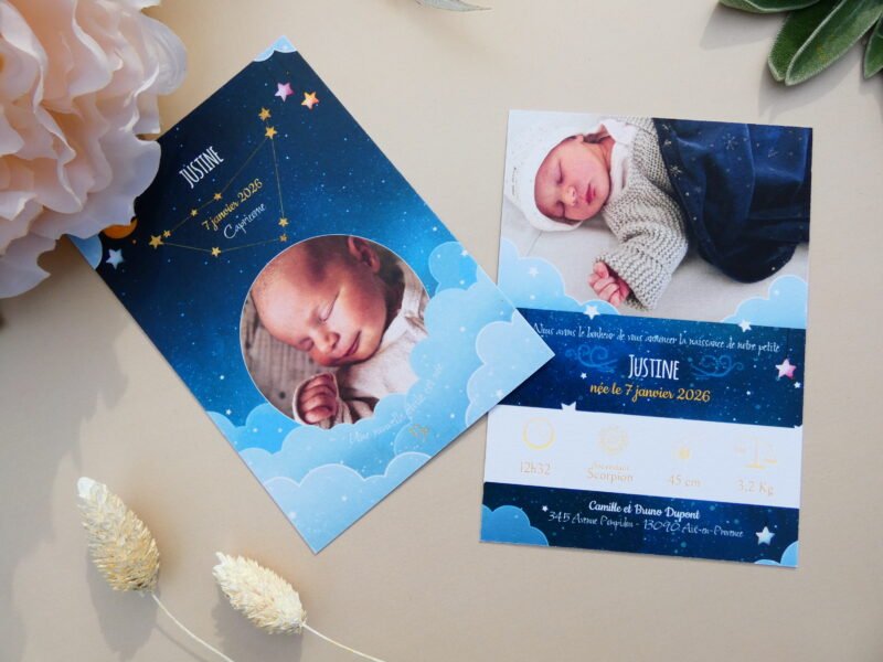 Faire-part de naissance mixte pour fille ou garçon. Thème constellations, étoiles et signes du zodiaque avec ascendant astrologique