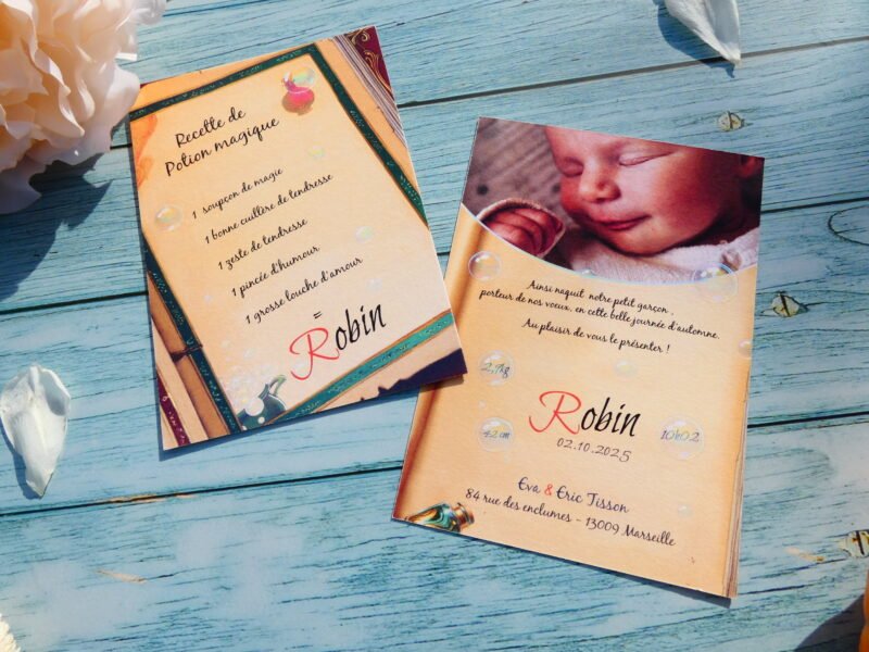 P1040410 Faire-part de naissance mixte pour fille ou garçon. Thème potion magique, élixir d'amour